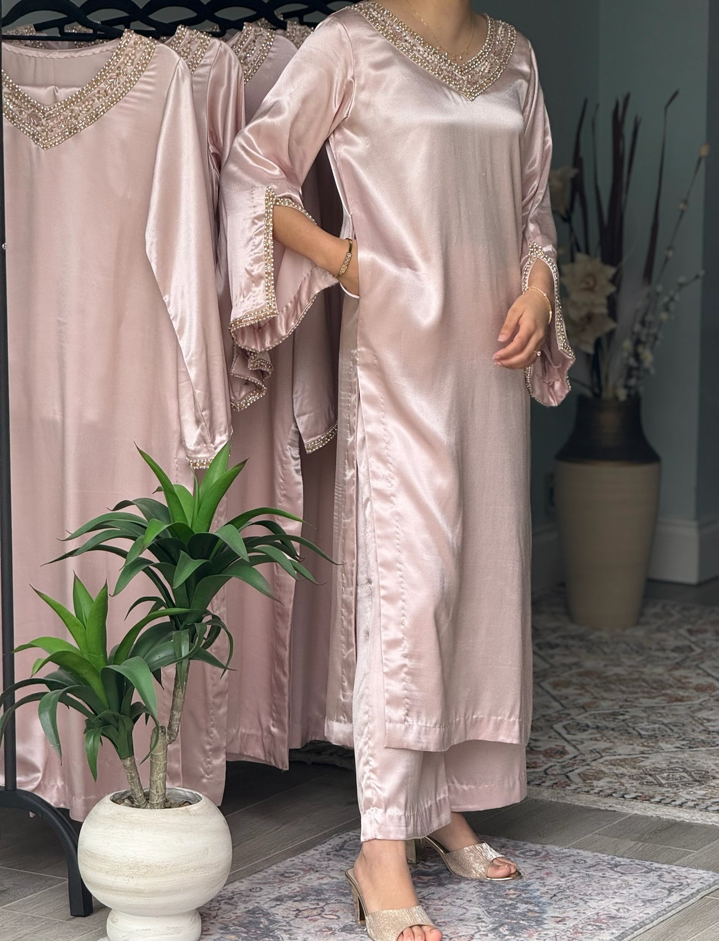 Pure Korean Silk, Two piece suit – Handcrafted with Jewelry Embellishments