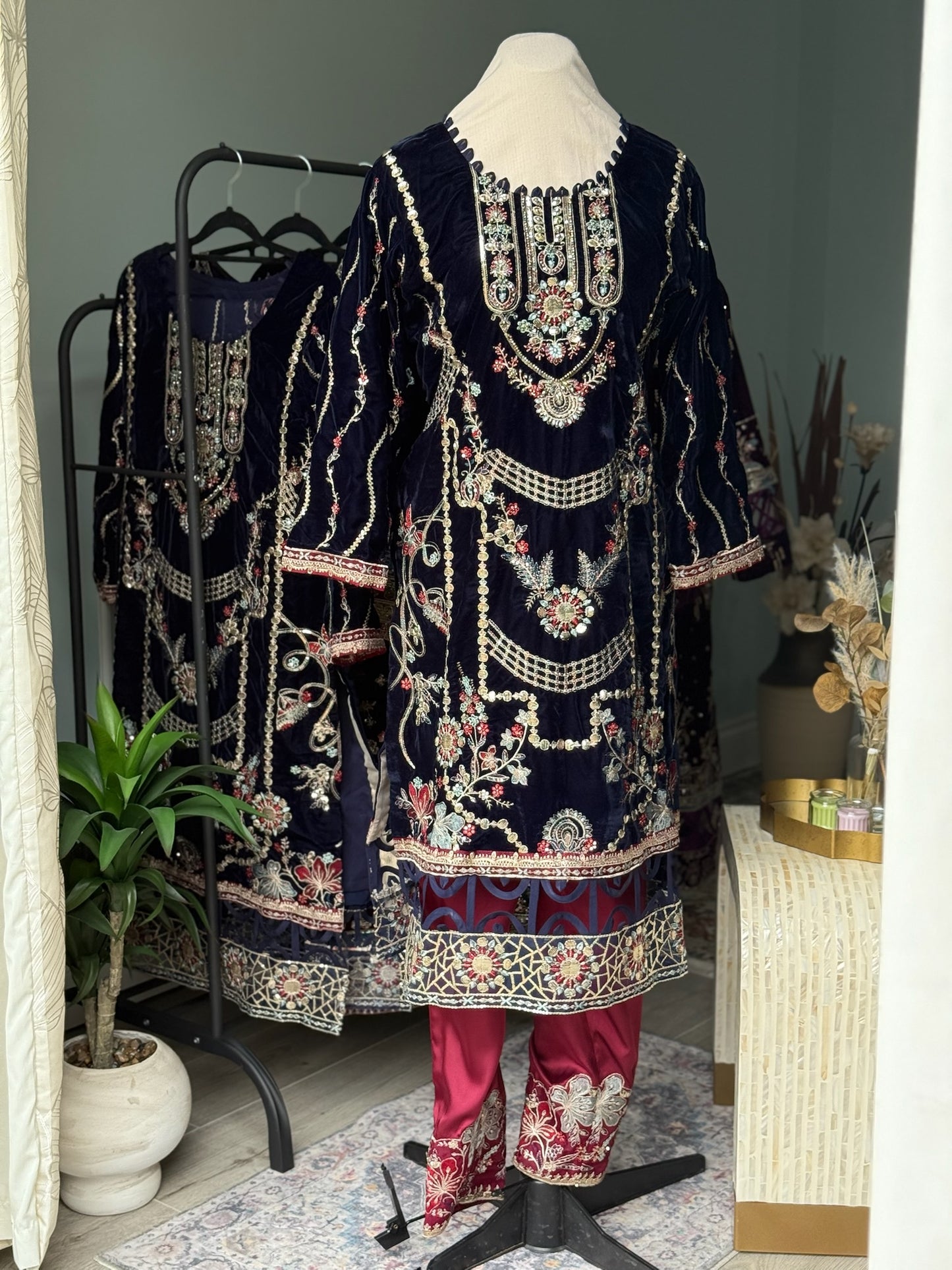 Sapphire Majesty Velvet 3-Piece Suit – Jewel-Embellished Wedding/Party Ensemble with Crimson Silk Trousers
