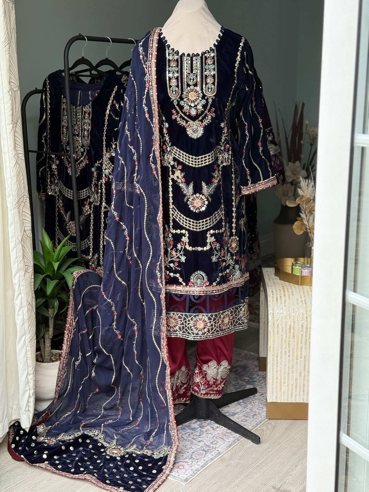 Sapphire Majesty Velvet 3-Piece Suit – Jewel-Embellished Wedding/Party Ensemble with Crimson Silk Trousers