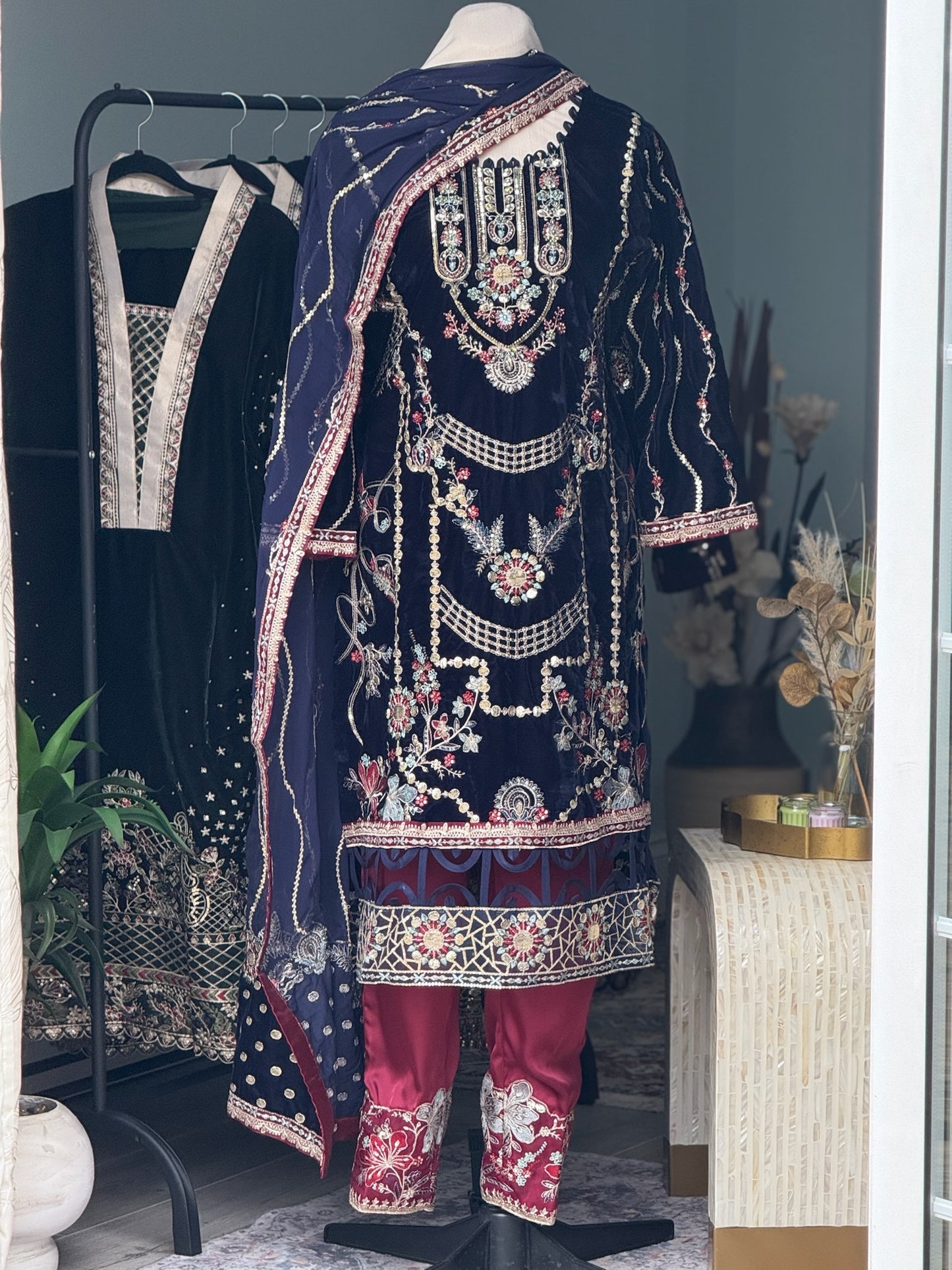 Sapphire Majesty Velvet 3-Piece Suit – Jewel-Embellished Wedding/Party Ensemble with Crimson Silk Trousers