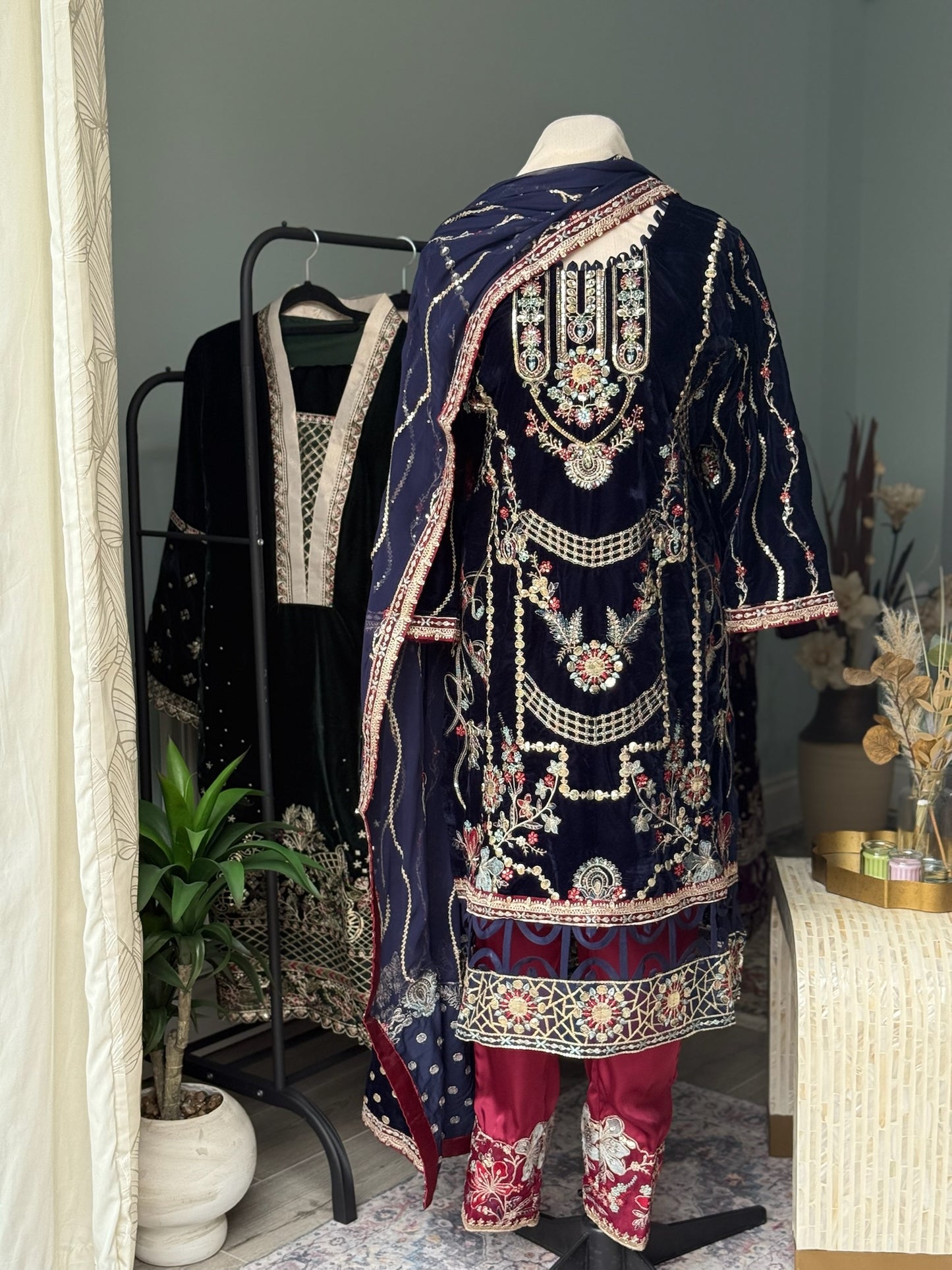 Sapphire Majesty Velvet 3-Piece Suit – Jewel-Embellished Wedding/Party Ensemble with Crimson Silk Trousers