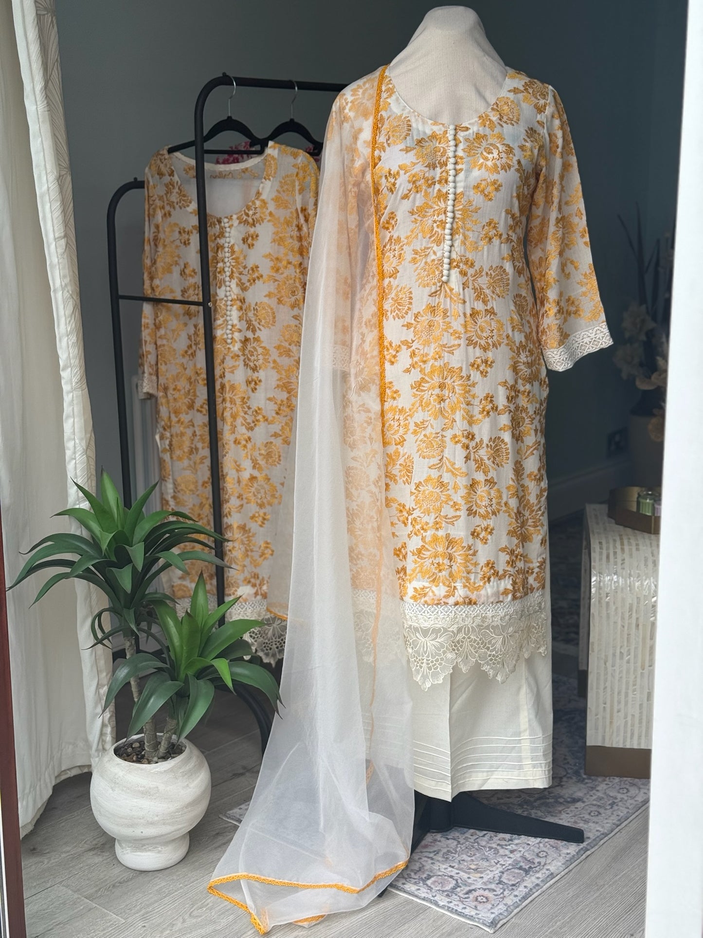 Mustard Floral Embroidered Cotton Suit – Breezy 3-Piece Summer Set with Sheer Organza Dupatta