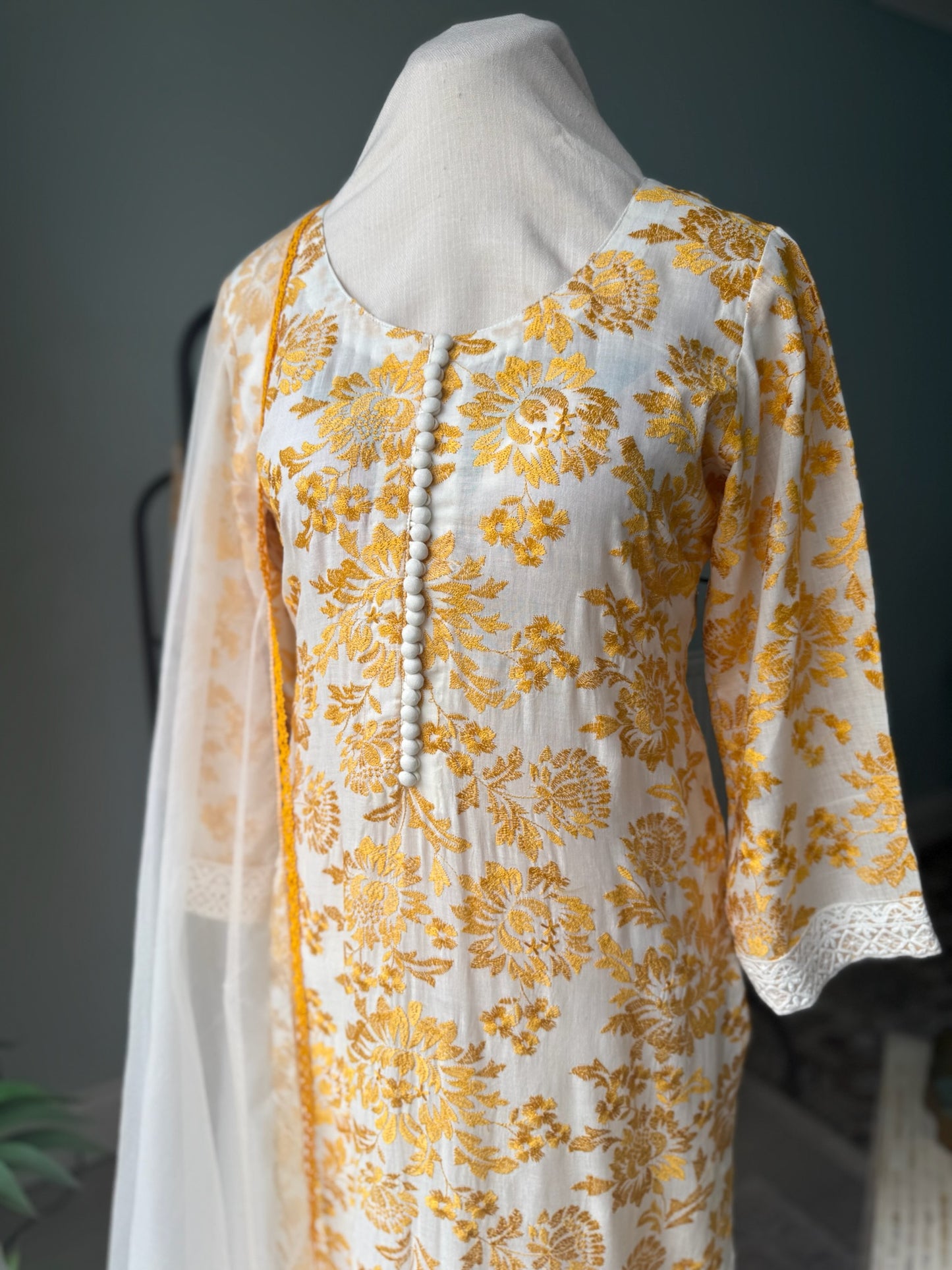 Mustard Floral Embroidered Cotton Suit – Breezy 3-Piece Summer Set with Sheer Organza Dupatta
