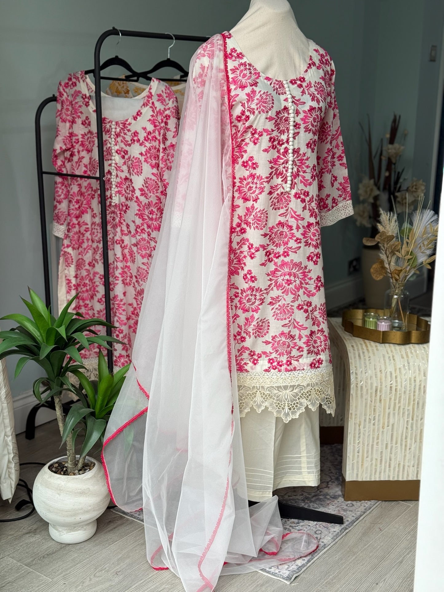 Hot Pink Floral & White Embroidered Cotton Suit – Breezy 3-Piece Summer Set with Sheer Organza Dupatta