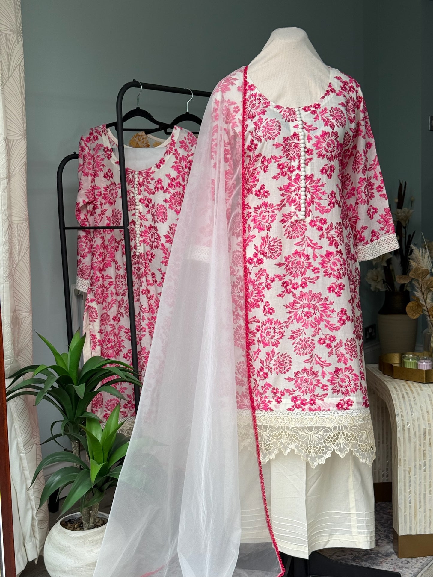 Hot Pink Floral & White Embroidered Cotton Suit – Breezy 3-Piece Summer Set with Sheer Organza Dupatta