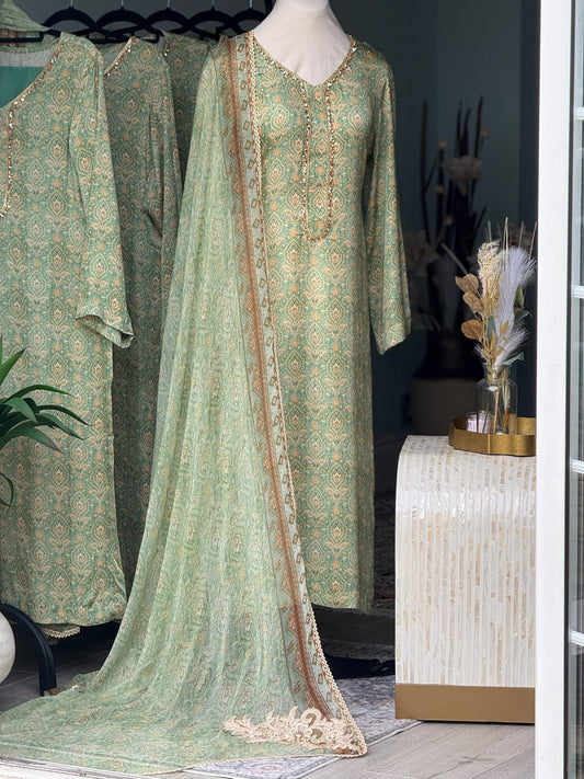Green Pure Crepe Silk 3-Piece Set