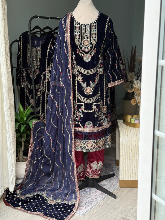 Sapphire Majesty Velvet 3-Piece Suit – Jewel-Embellished Wedding/Party Ensemble with Crimson Silk Trousers