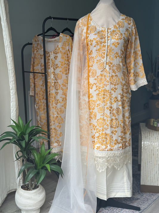 Mustard Floral Embroidered Cotton Suit – Breezy 3-Piece Summer Set with Sheer Organza Dupatta
